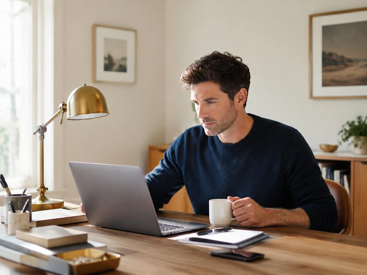 A man reviewing his finances at a calm home desk